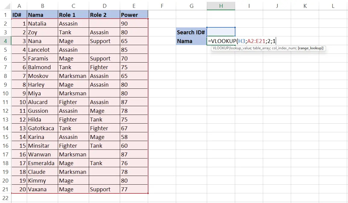 Memasukkan 1 sebagai range_lookup