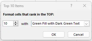 Pengaturan jumlah 10 dan memilih Green Fill pada Conditional Formatting Top 10 Items Excel
