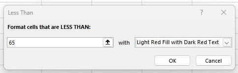 Input nilai 65 dan memilih Light Red Fill pada jendela Less Than Excel