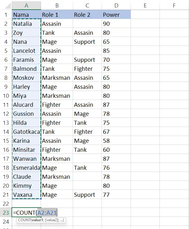 Memasukkan A2:A21 ke dalam rumus COUNT untuk data teks di Excel