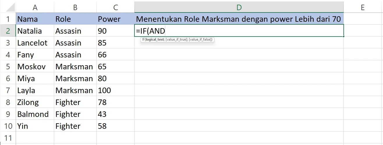 Memasukkan fungsi AND ke dalam IF pada Excel