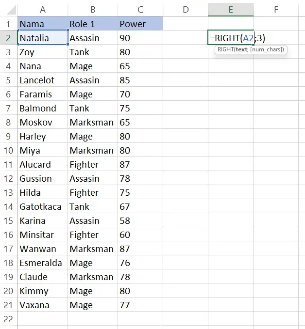Contoh memasukkan angka 3 pada rumus RIGHT di sel E2 Excel