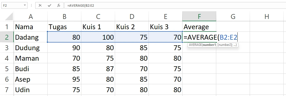 Memasukkan range B2:E2 ke rumus AVERAGE di Excel