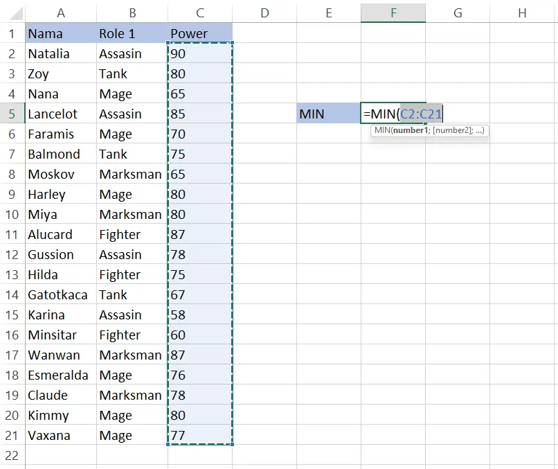 Memasukkan rentang C2:C21 ke rumus MIN di sel F5 Excel