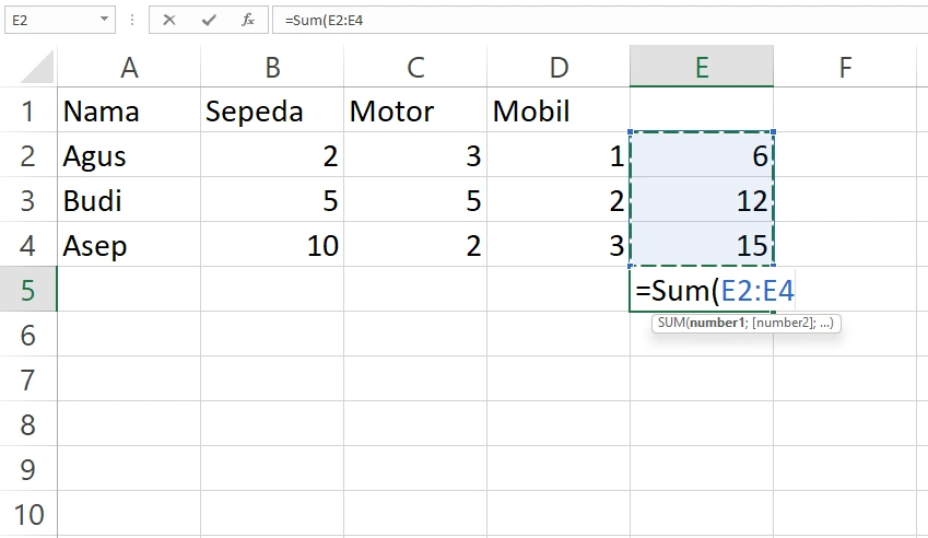 Memasukkan data ke fungsi SUM pada sel E5 Excel
