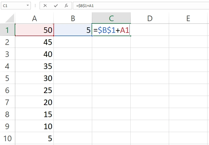 Menambahkan data sel A1 ke rumus penjumlahan referensi absolute di Excel