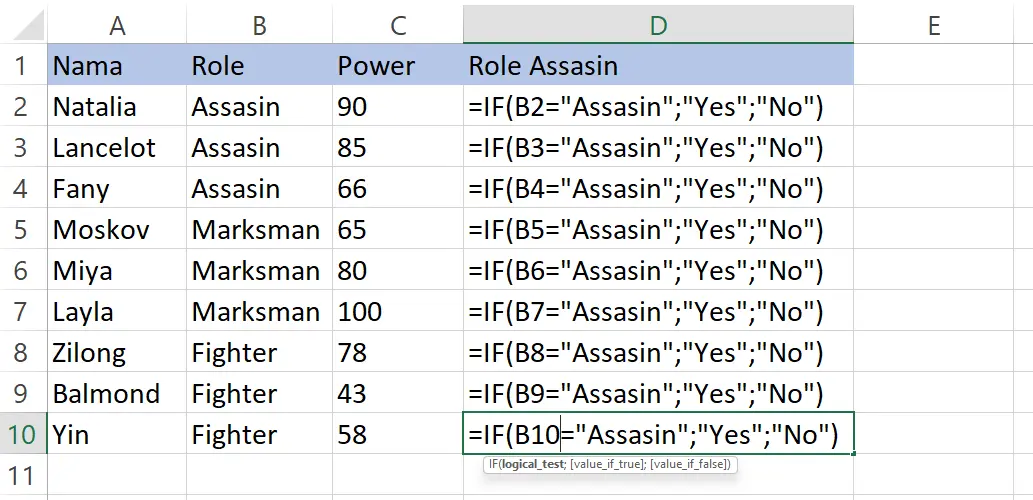 Menyalin fungsi IF ke semua baris untuk role Assasin di Excel