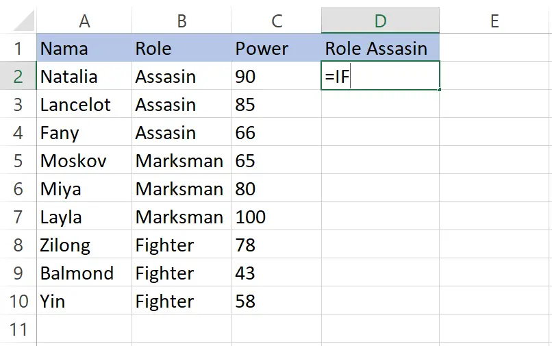 Menuliskan fungsi IF pada sel D2 Excel