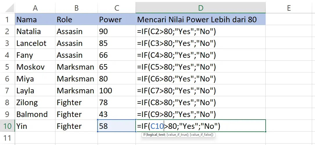 Menyalin fungsi IF untuk mencari nilai lebih dari 500 di Excel