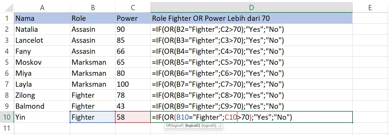 Cara menyalin fungsi IF dengan OR ke seluruh baris di Excel