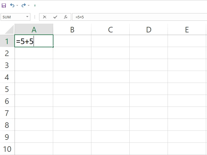Menulis rumus penjumlahan langsung di sel A1 Excel