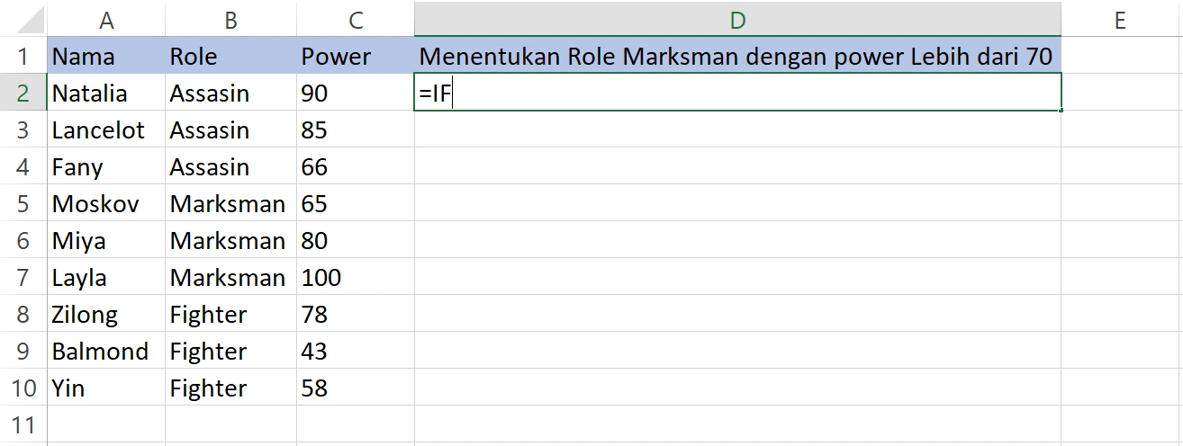 Menulis rumus IF pada sel D2 Excel
