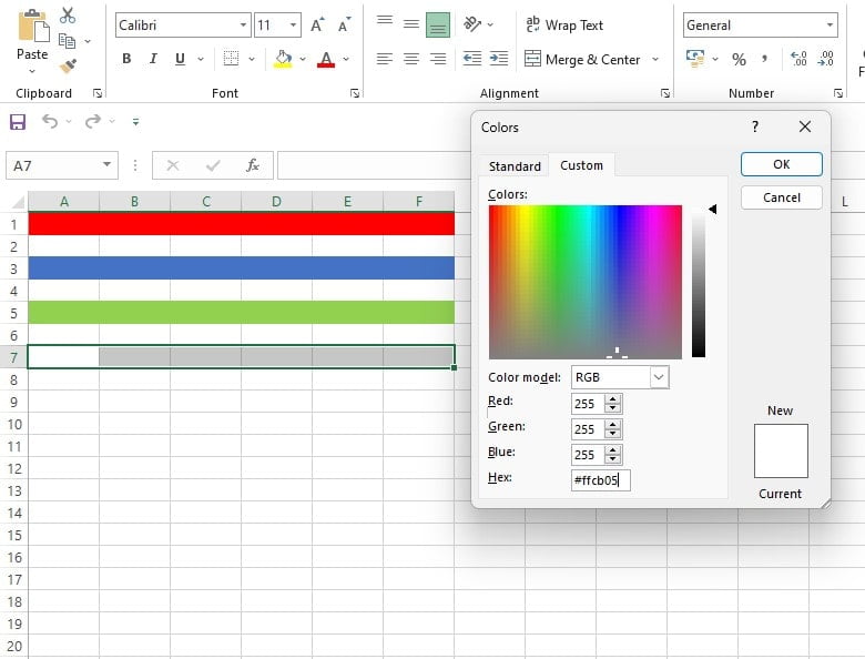 Input kode HEX warna custom pada window warna Excel