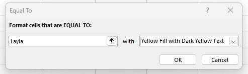 Input Layla dan memilih Yellow Fill pada window Equal To di Excel