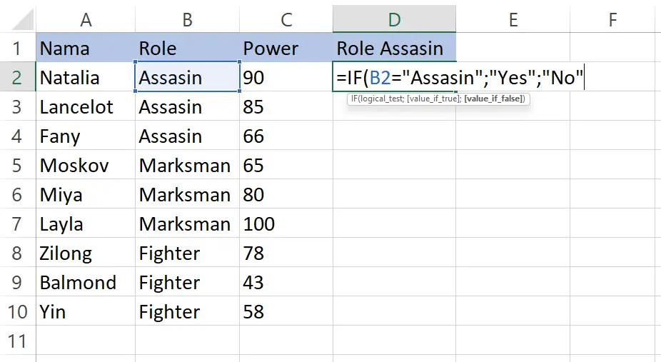Menerapkan logika fungsi IF untuk periksa role Assasin di Excel