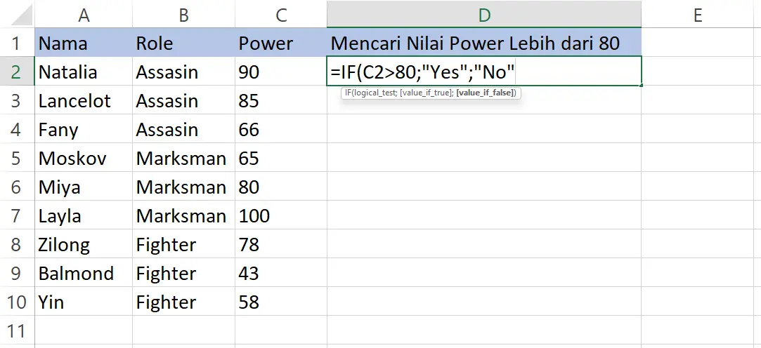 Mengisi logika IF untuk nilai lebih dari 500 pada sel D2 Excel