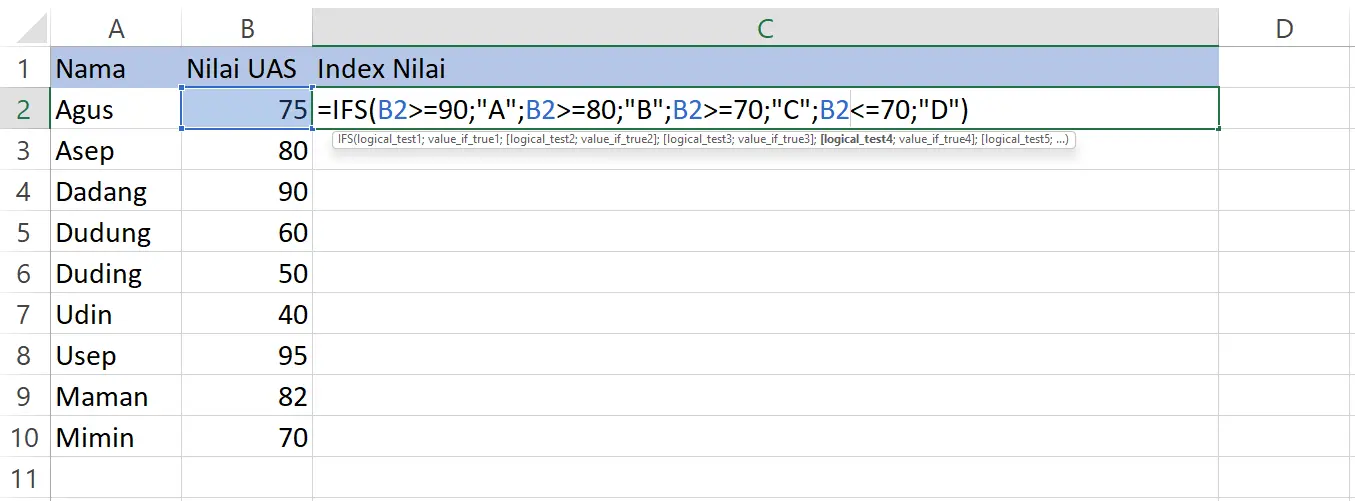 Menerapkan kondisi dan hasil pada rumus IFS di sel C2 Excel