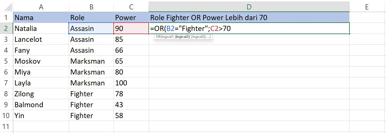 Contoh memasukkan dua logika pada fungsi OR di Excel