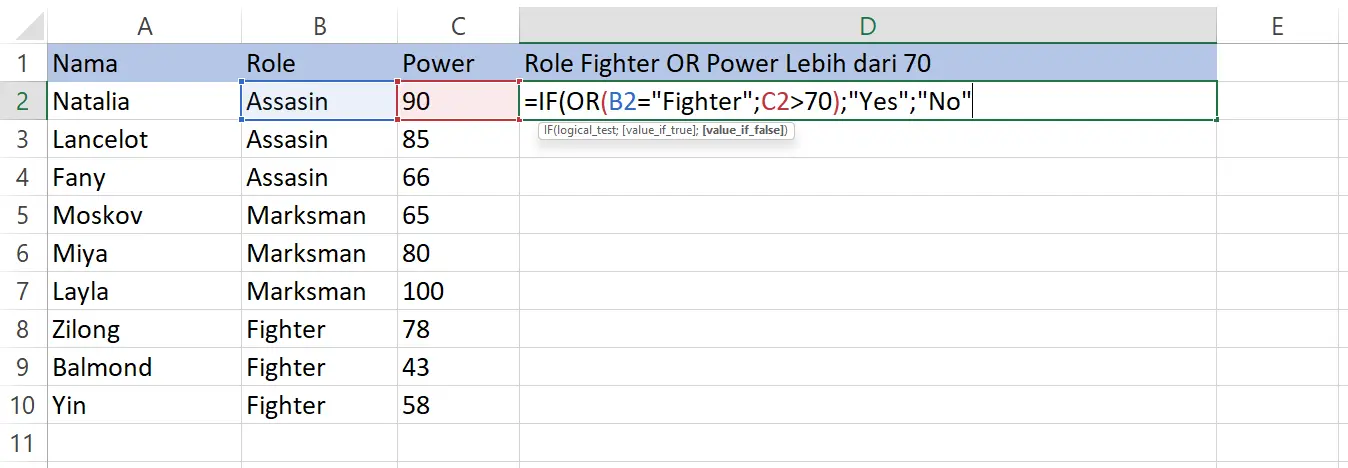 Hasil logika fungsi IF dengan OR di Excel