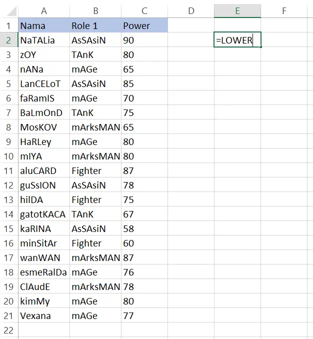 Memilih sel E2 untuk mulai menggunakan fungsi LOWER di Excel