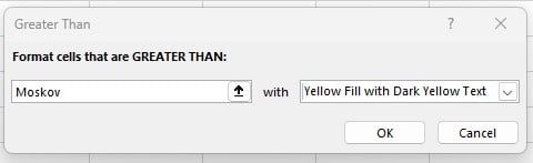 Input Moskov dan memilih Yellow Fill pada window Greater Than Excel