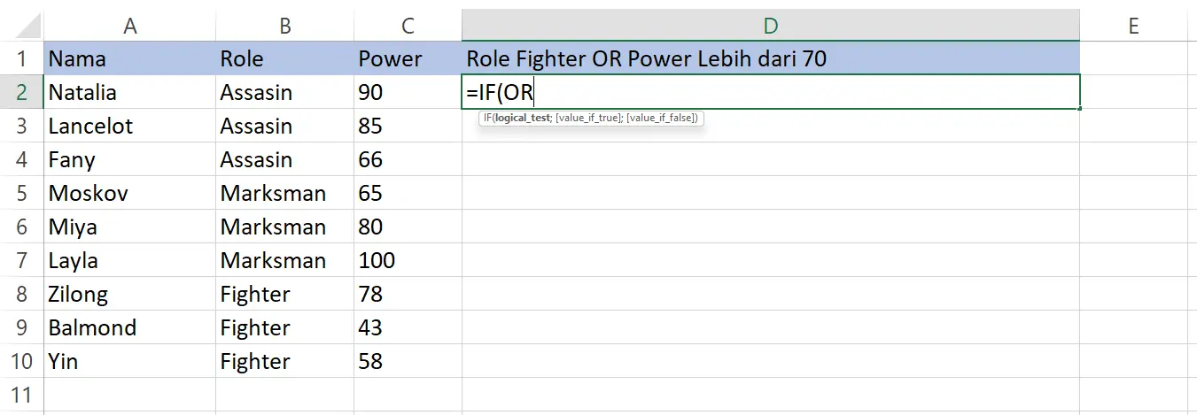 Langkah menulis fungsi OR di dalam IF pada Excel
