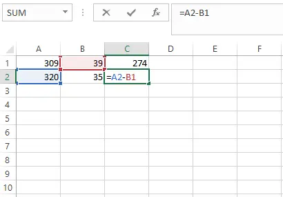 Contoh penggunaan rumus =A2-B1 pada sel C2 Excel