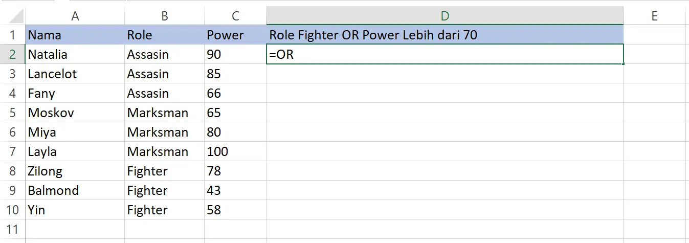 Langkah menulis rumus fungsi OR di sel D2 Excel