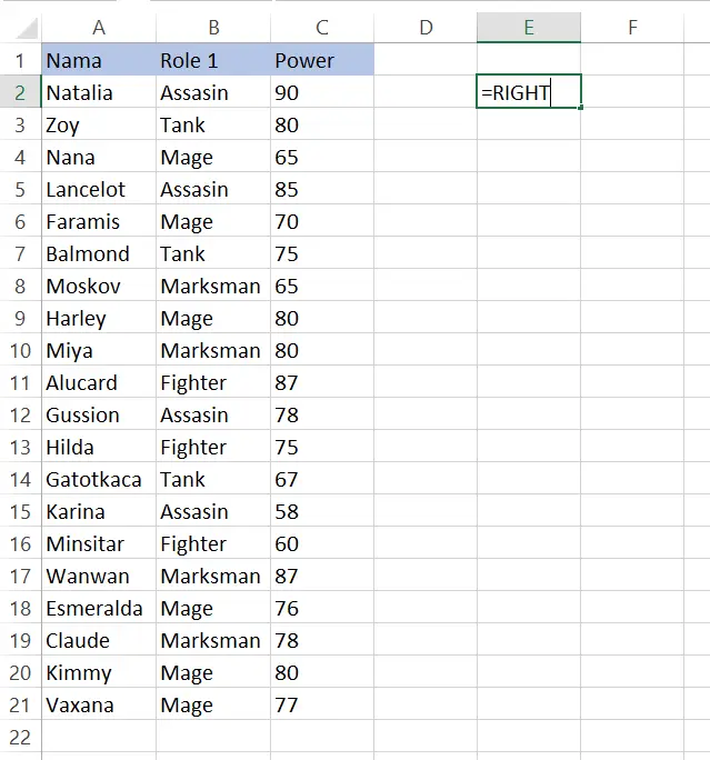 Contoh memasukkan rumus fungsi RIGHT pada sel E2 di Excel