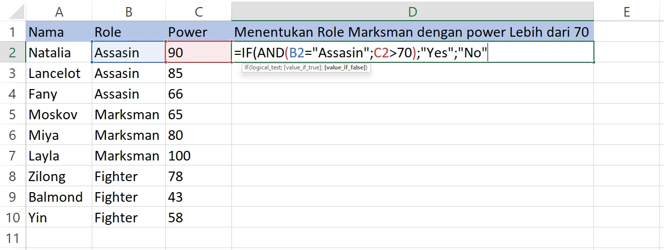Memasukkan kombinasi rumus IF dan AND pada Excel