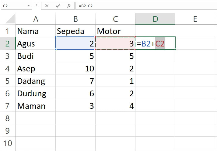 Memasukkan rumus =B2+C2 di sel D2 Excel