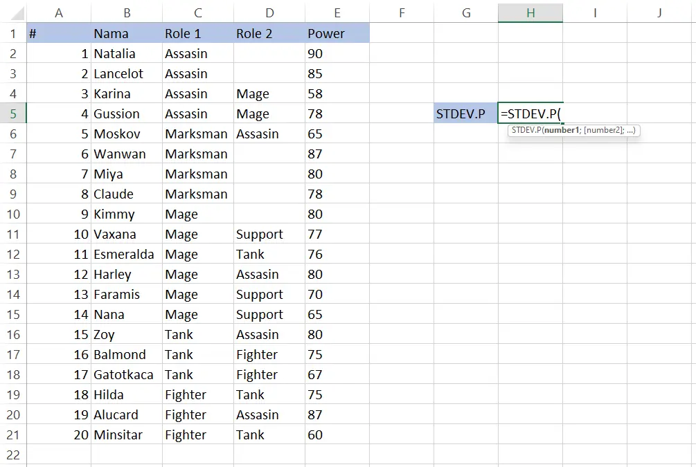 Contoh memasukkan rumus STDEV.P pada sel H5 di Excel