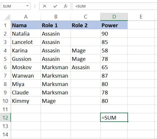 Contoh memasukkan rumus SUM pada sel D12 di Excel