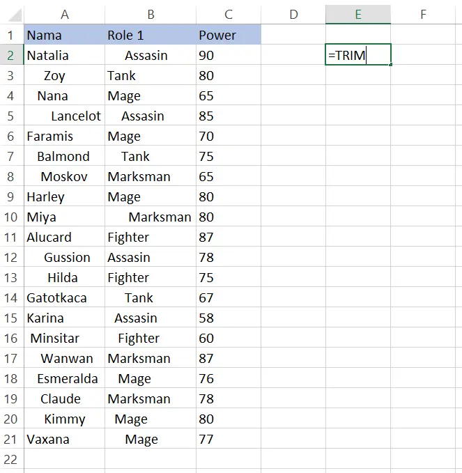 Cara memasukkan rumus TRIM ke sel E2 di Excel
