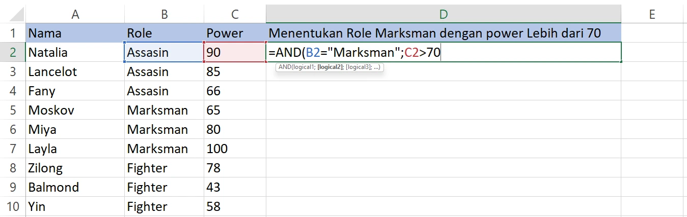 Memasukkan rumus untuk fungsi AND pada sel D2 Excel