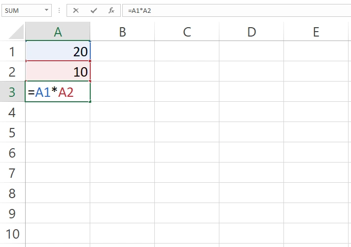 Rumus perkalian sel A1 dan A2 pada sel A3 di Excel