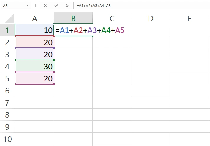 Memasukkan rumus untuk menjumlahkan sel A1 hingga A5 di Excel