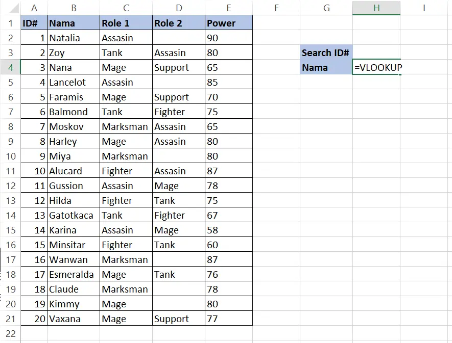 Memasukkan rumus VLOOKUP di sel H4