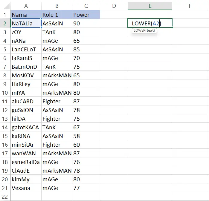 Menghubungkan sel A2 ke rumus LOWER pada sel E2 Excel