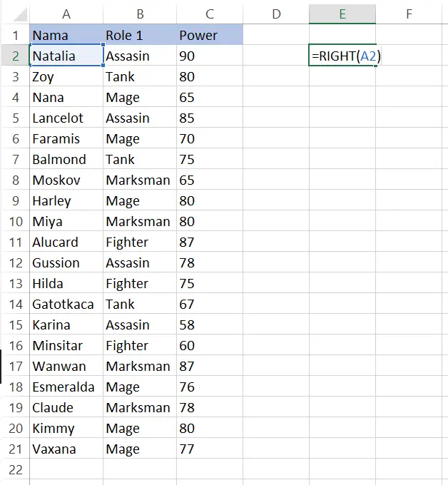 Contoh memasukkan sel A2 ke dalam rumus RIGHT di Excel