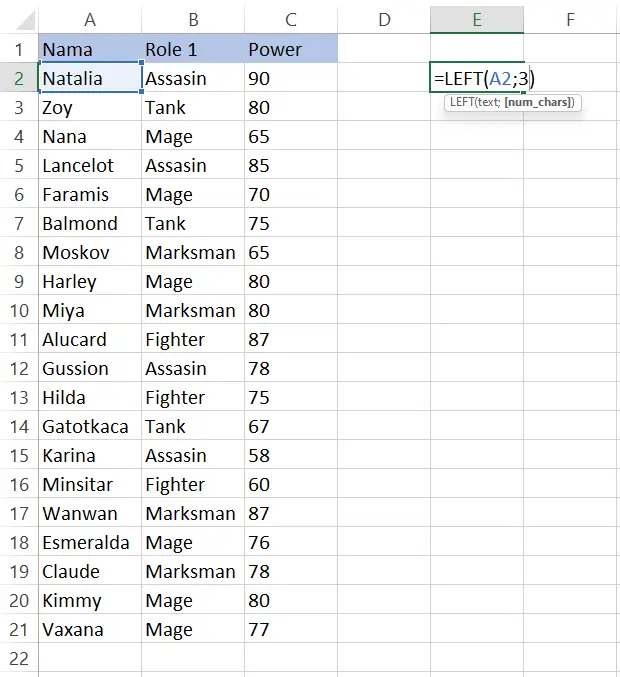 Memasukkan sel A2 dan menentukan jumlah karakter pada fungsi LEFT Excel