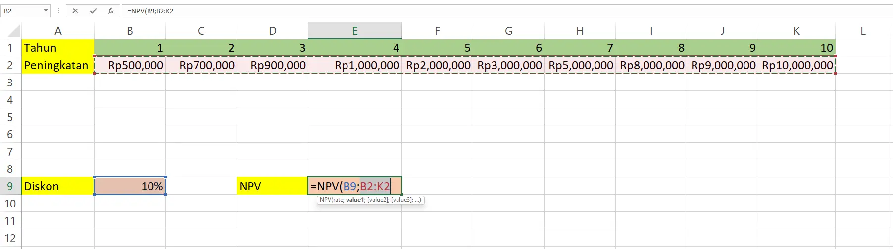 Memasukkan rentang sel B2 sampai K2 ke rumus fungsi NPV di Excel
