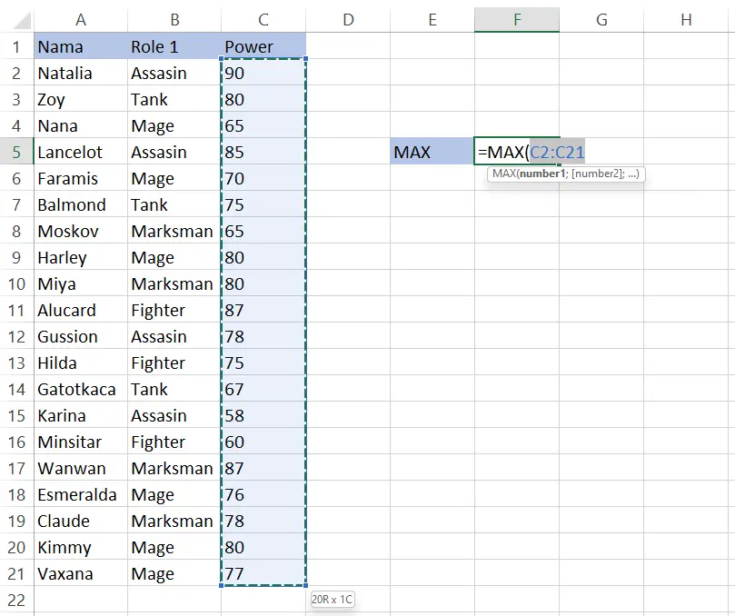 Menuliskan rumus =MAX pada sel G5 Excel