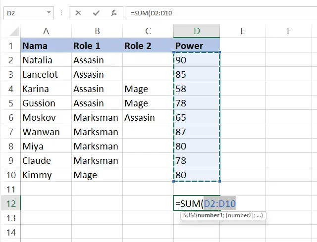 Memasukkan rentang sel D2 hingga D10 ke dalam rumus SUM Excel