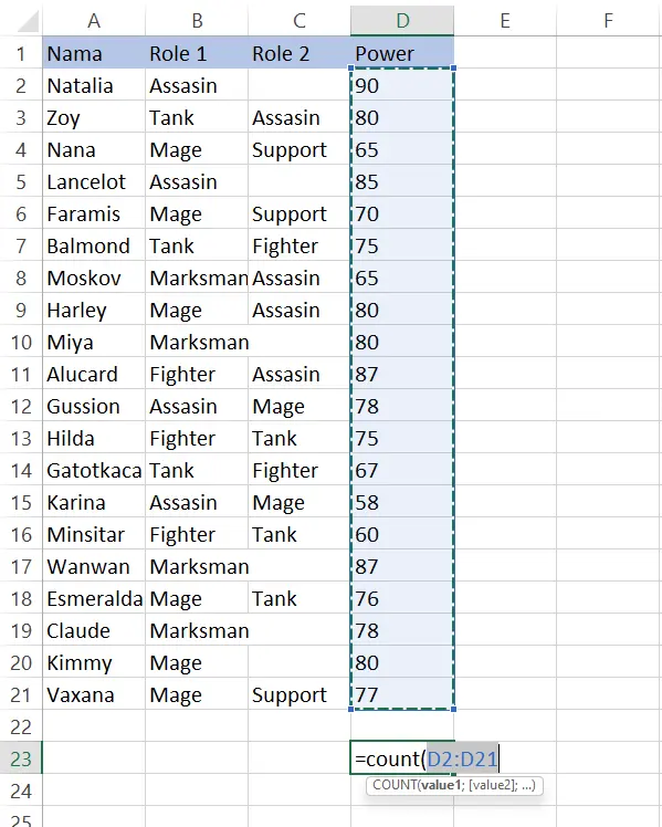 Memasukkan rentang D2:D21 ke dalam rumus COUNT di Excel