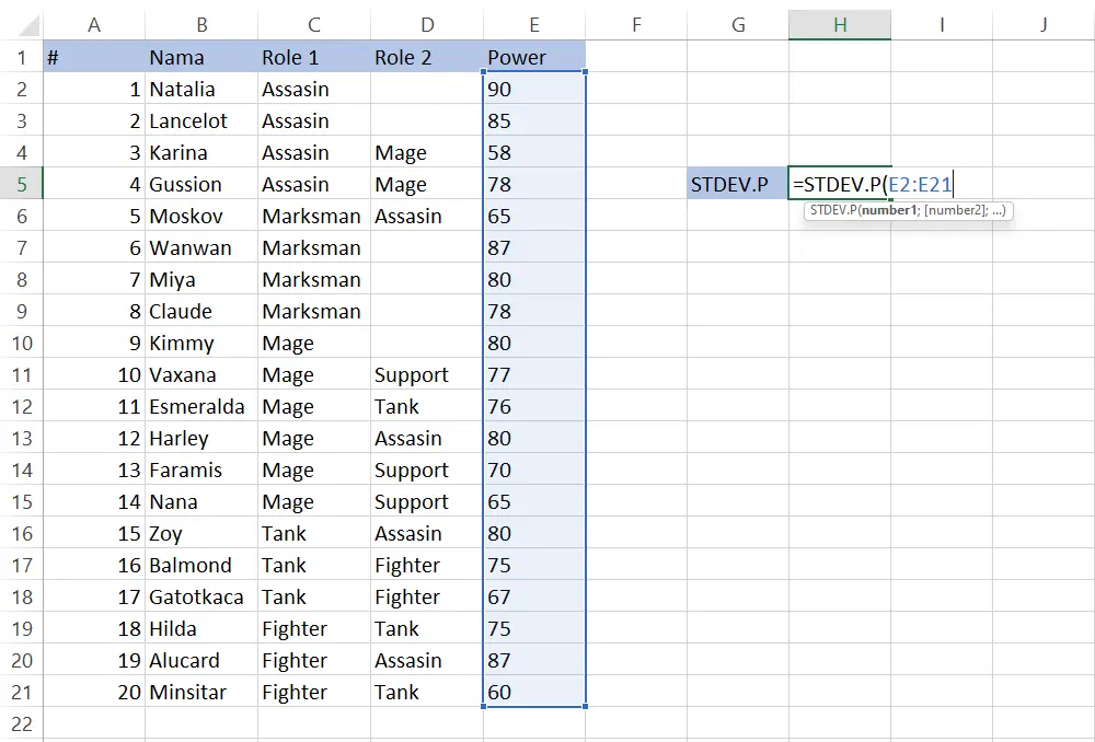 Memasukkan rentang sel E2 hingga E21 ke dalam rumus STDEV.P di Excel