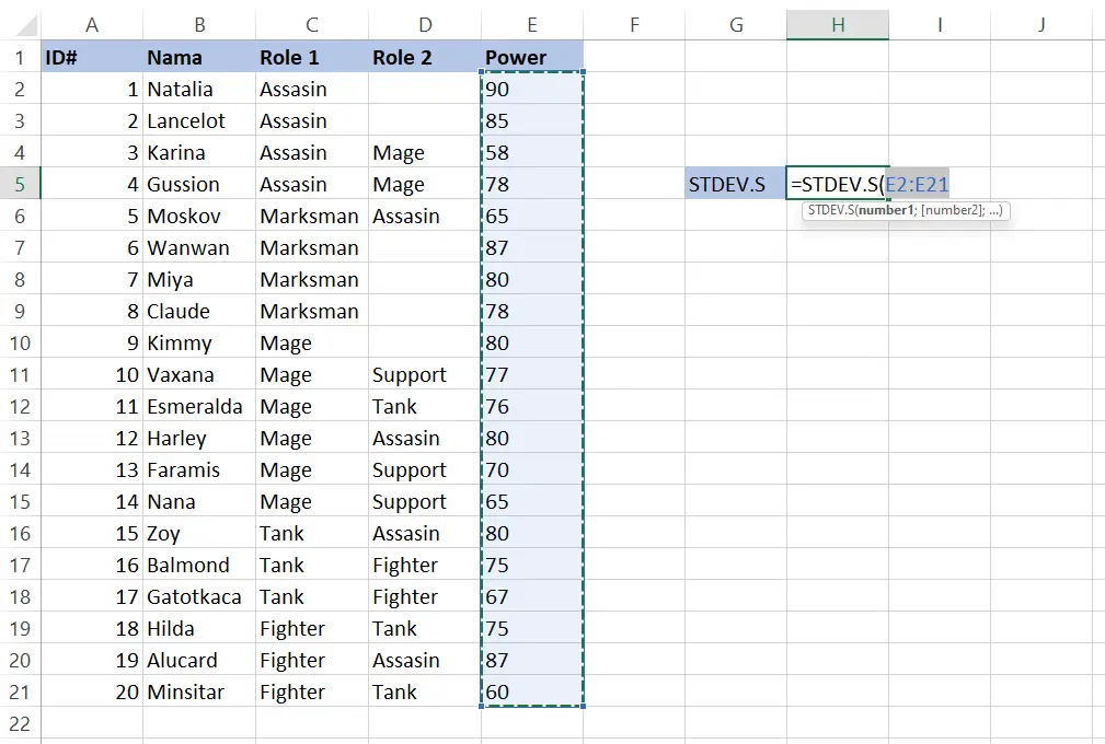 Memasukkan rentang sel E2 hingga E21 ke dalam rumus STDEV.S di Excel