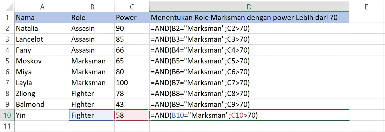 Mengisi rumus AND ke seluruh baris untuk pemeriksaan multi-kondisi Excel
