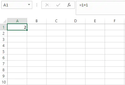 Contoh menulis rumus Excel =1+1 pada sel A1