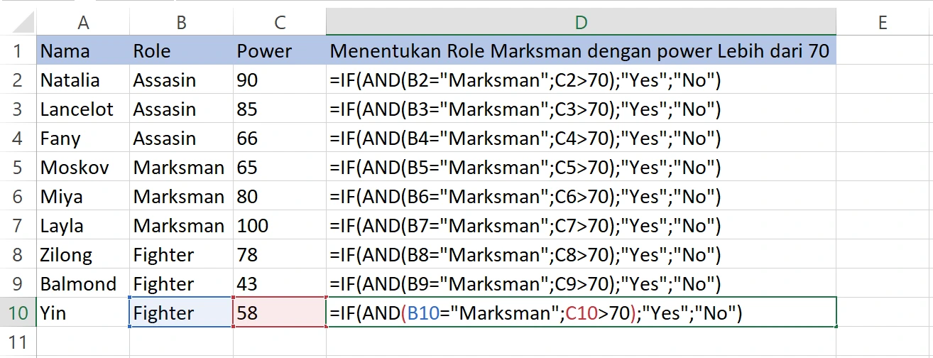 Mengisi kombinasi rumus IF dan AND ke seluruh baris di Excel